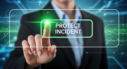 Business person pressing digital screen with 'protect incident' text for data security and protection