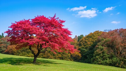 Naklejka premium Vibrant kochia surrounded by autumn foliage, showcasing seasonal change