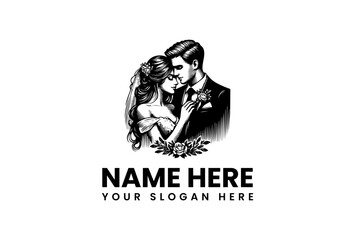Elegant Wedding Logo with Bride and Groom Embrace for Invitations and Anniversary Designs