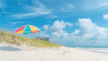 Colorful beach umbrella against a bright blue sky with fluffy clouds, ideal for summer relaxation