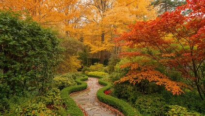 Obraz premium Golden Tapestry of Autumn Trees, vibrant foliage along a garden path, seasonal change