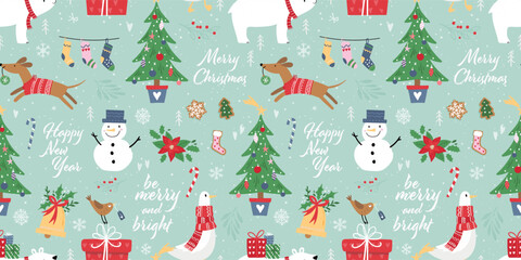 Cute hand Drawn Holiday Seamless Vector Pattern. Christmas Elements, doodle style Background. Simple Style Design  - great For Textile, Wallpaper,  Wrapping Paper