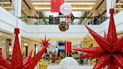 Sparkling red star decorations hang indoors festive celebration - Powered by Adobe