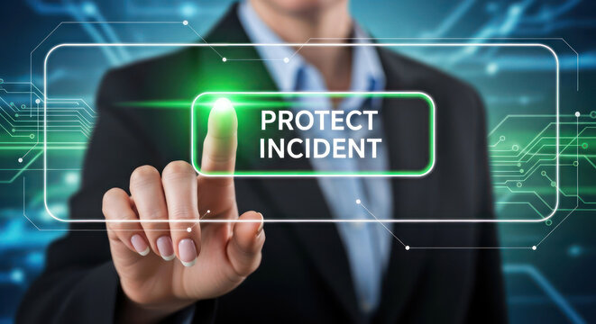 Business person pressing digital screen with 'protect incident' text for data security and protection