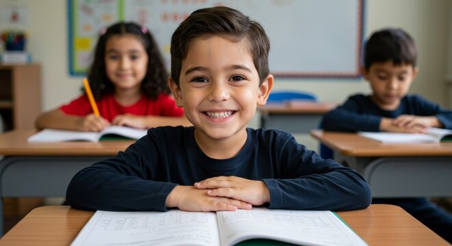 Happy school students engaged in learning at classroom desks - Powered by Adobe