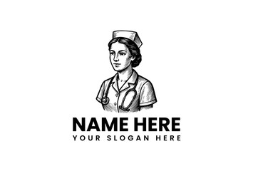 Vintage illustration of a healthcare worker, female nurse with a stethoscope, classic medical logo design, 123