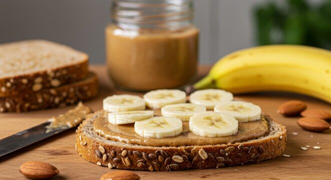 Healthy breakfast with banana peanut butter toast and almonds for nutritious start