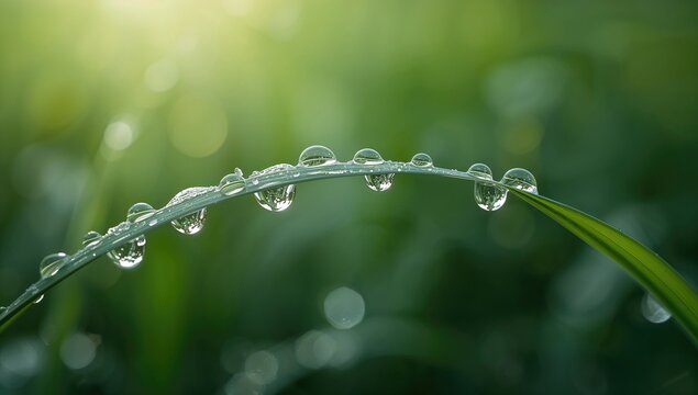 Close-up of dew drops on grass blades, showcasing glistening water droplets, seasonal change