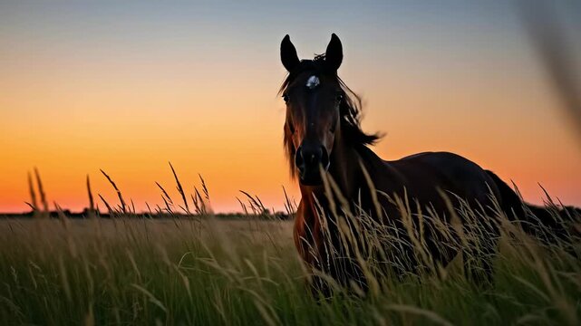 A Majestic Black Horse Standing Gracefully in Tall Grass at Sunset, Surrounded by a Tranquil Landscape Under an Orange and Blue Sky