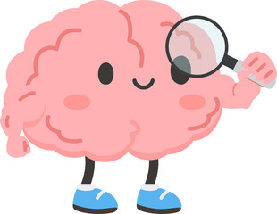Cartoon Brain Character Holding Magnifying Glass