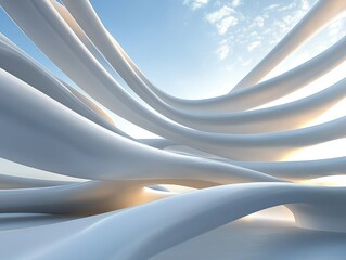 smooth white flowing abstract tubular structures under a partly cloudy blue sky creating a futuristic and serene atmosphere