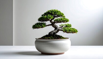 Serene studio shot of a meticulously cultivated bonsai tree in an off-white ceramic pot, against a neutral backdrop