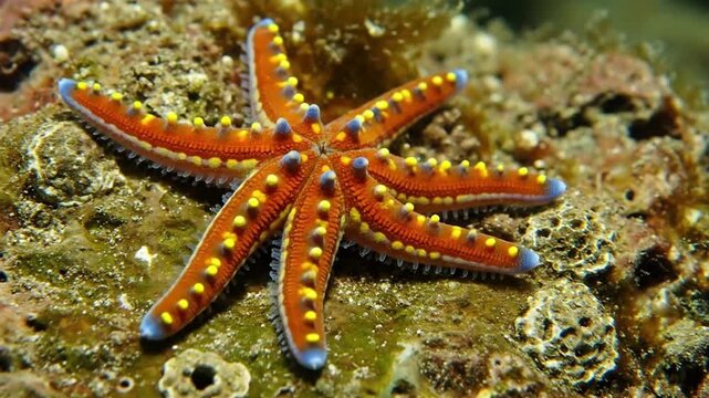 Close-up of a vibrant orange starfish with blue tips and yellow spots on a textured surface.
