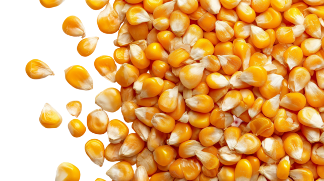 A close up view of a pile of yellow corn kernels with some kernels falling off the left side