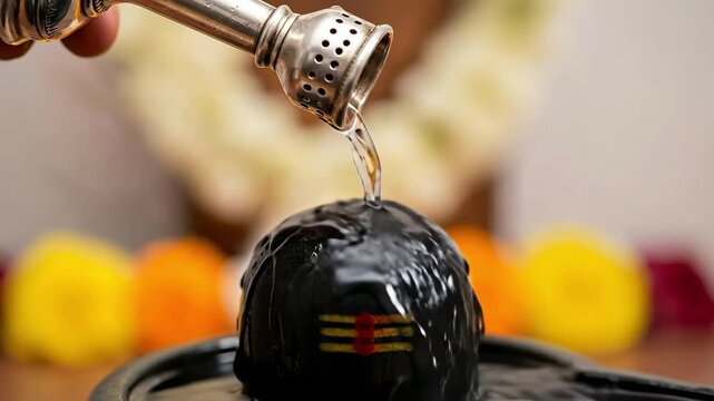Close-up of a metal spout pouring water over a black Shiva Lingam, adorned with colorful stones, during a Hindu religious ceremony, symbolizing spiritual cleansing and devotion.