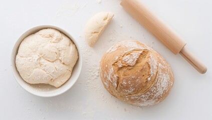 Top view of a bowl filled with fresh yeast dough surrounded by flour, a rolling pin, and freshly baked sourdough bread on a white surface, with space for text. Concept of baking, pastry, and dough