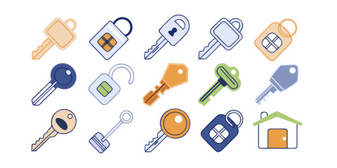 Collection of various flat design keys and locks with a house icon symbolizing home ownership and security