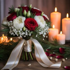 Elegant Christmas Bouquet with Red and White Roses and Candlelight | Festive Holiday Floral Decoration