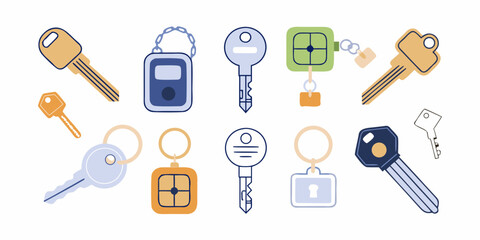 Collection of colorful flat design keys and keychains on a white background