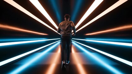 man on scooter moves through neon tunnel. light beams create motion and speed around rider. silhouette travels down corridor. color contrast creates neon depth. beam reflection enhances dynamic depth. - Powered by Adobe