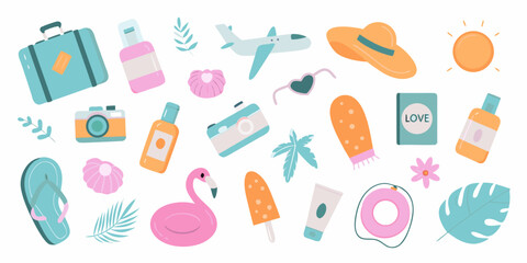 Collection of cute flat design summer vacation travel and beach icons on white background