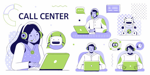 Diverse call center team with human agents and robots providing customer service and support