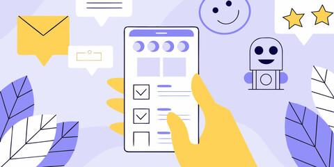 Hand holding smartphone with checklist and chatbot icons indicating customer service and feedback