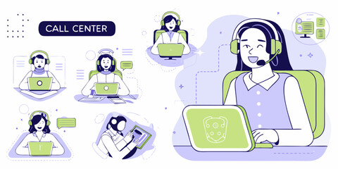 Diverse team of smiling call center agents providing customer support and assistance using laptops and headsets