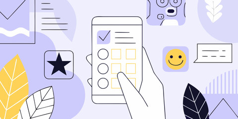 Hand holding smartphone with checklist and icons representing feedback and communication in a modern flat design style