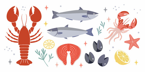 A colorful collection of seafood illustrations including lobster fish salmon steak mussels starfish and lemon slices