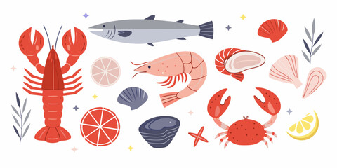 A vibrant collection of fresh seafood illustrations including lobster shrimp crab fish and shellfish with citrus and decorative elements