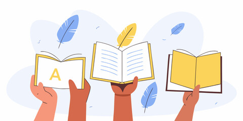 Diverse hands holding open books with feathers symbolizing knowledge and learning