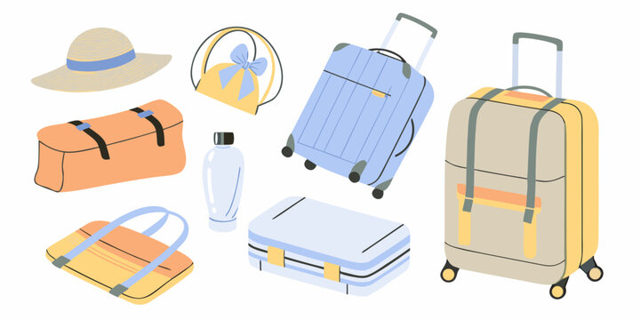 Collection of travel essentials including suitcases bags a hat and a water bottle