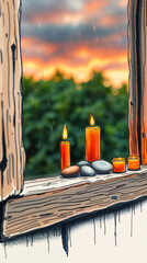 Whimsical Orange Window Sill With Candles 
