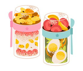Healthy jar meals with fruit and salad illustration. Healthy jar meals — one with yogurt and fruit, and the other with salad and eggs. Colorful vector illustration.