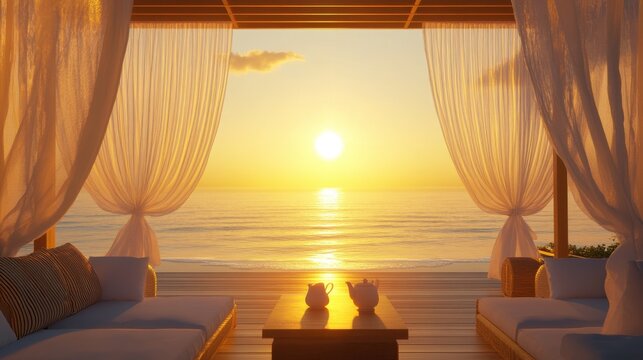 Luxurious openair lounge with comfortable seating and sheer curtains, overlooking a breathtaking ocean sunset, perfect for a romantic tropical getaway