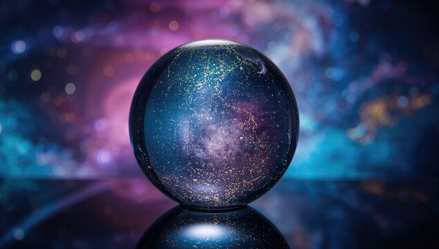 Globe with ground contours against a colorful light backdrop, cosmic theme