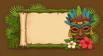 Tropical Tiki Mask and Bamboo Scroll with Exotic Flowers and Leaves.