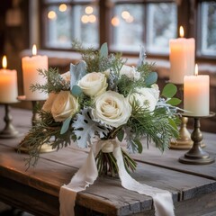 Romantic Winter Wedding Bouquet with White Roses and Candlelight Decor