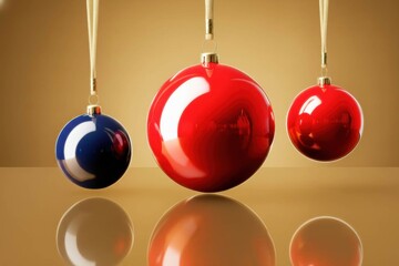 Three sparkling Christmas tree ornaments hang from gold threads above a reflective gold surface.