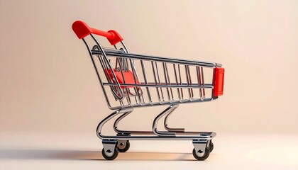 Shiny chrome shopping cart with vibrant red accents, ready for your next purchase, symbolizing consumerism and retail.