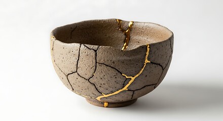 Kintsugi pottery bowl with gold seams isolated on white background