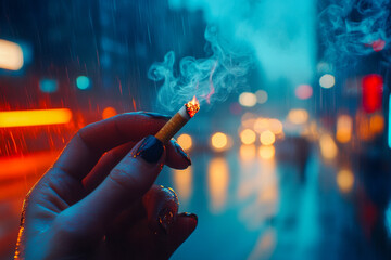 Rain falls on a city street as a hand holds a glowing cigarette, with colorful lights shining in the blurred background at night