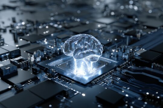 Neural networks and motherboards: the future of technology. Advertising photo. Brain synced with tech: data streams and detailed boards in futuristic art. Print ready. Copy space.