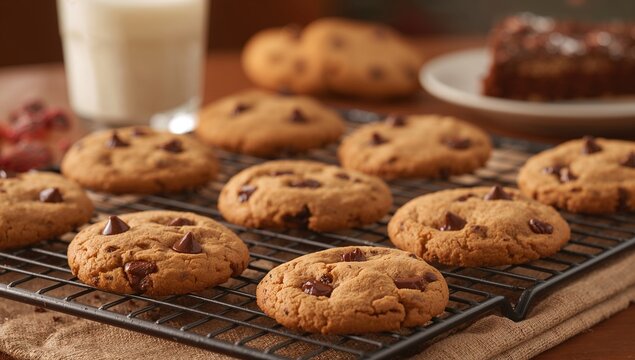 Freshly baked cookies cooling on a wire rack