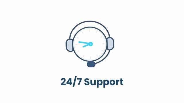 Looping 24/7 customer service headset icon. Flat animated vector for help desk, call center, tech support, and service UI. Transparent alpha channel.
