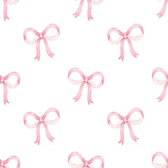 Watercolor seamless pattern with pink bows. Hand-drawn pint for design and embellishment of packaging, wrapping paper, and textiles. Print for girls, cute design.