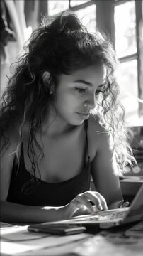 A young lady with dark hair looking intently at her laptop screen. She is indoors and seems absorbed in whatever she's viewing or doing on the computer.