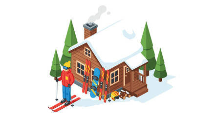 Cozy snow-covered cabin welcomes skier ready for winter adventure amidst snowy pines, capturing the essence of a perfect mountain getaway