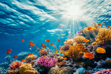 Sunlight pierces the water, revealing a lively coral reef filled with diverse fish and vibrant corals in a serene ocean setting